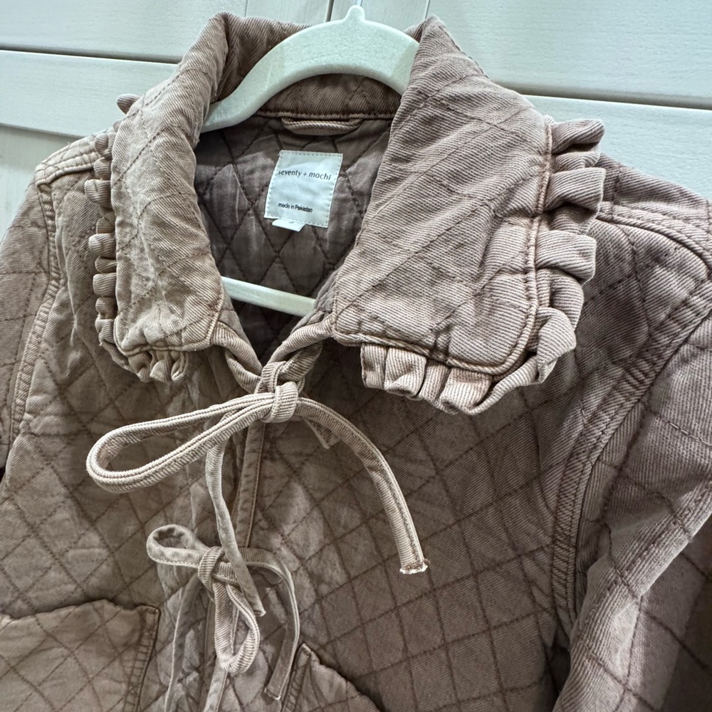 Seventy + Mochi Heidi Jacket in Washed Mocha Brown quilted denim tie front Small - Picture 9 of 13